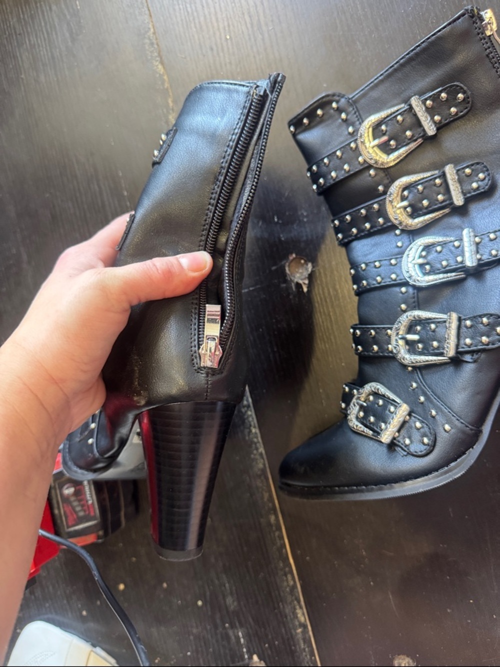 Women's Black Studded Buckle Ankle Booties - Picture 2 of 3